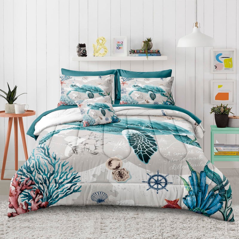 Bedbay 8 Pieces Nautical Bedding Set Sea Turtle Full Size Comforter Set with Sheets Turquoise Comforter Retro Turtle Bedding Set for Kids Boys Girls Ocean Themed Soft Fluffy Bed Set(Ocean Full) - Image 4
